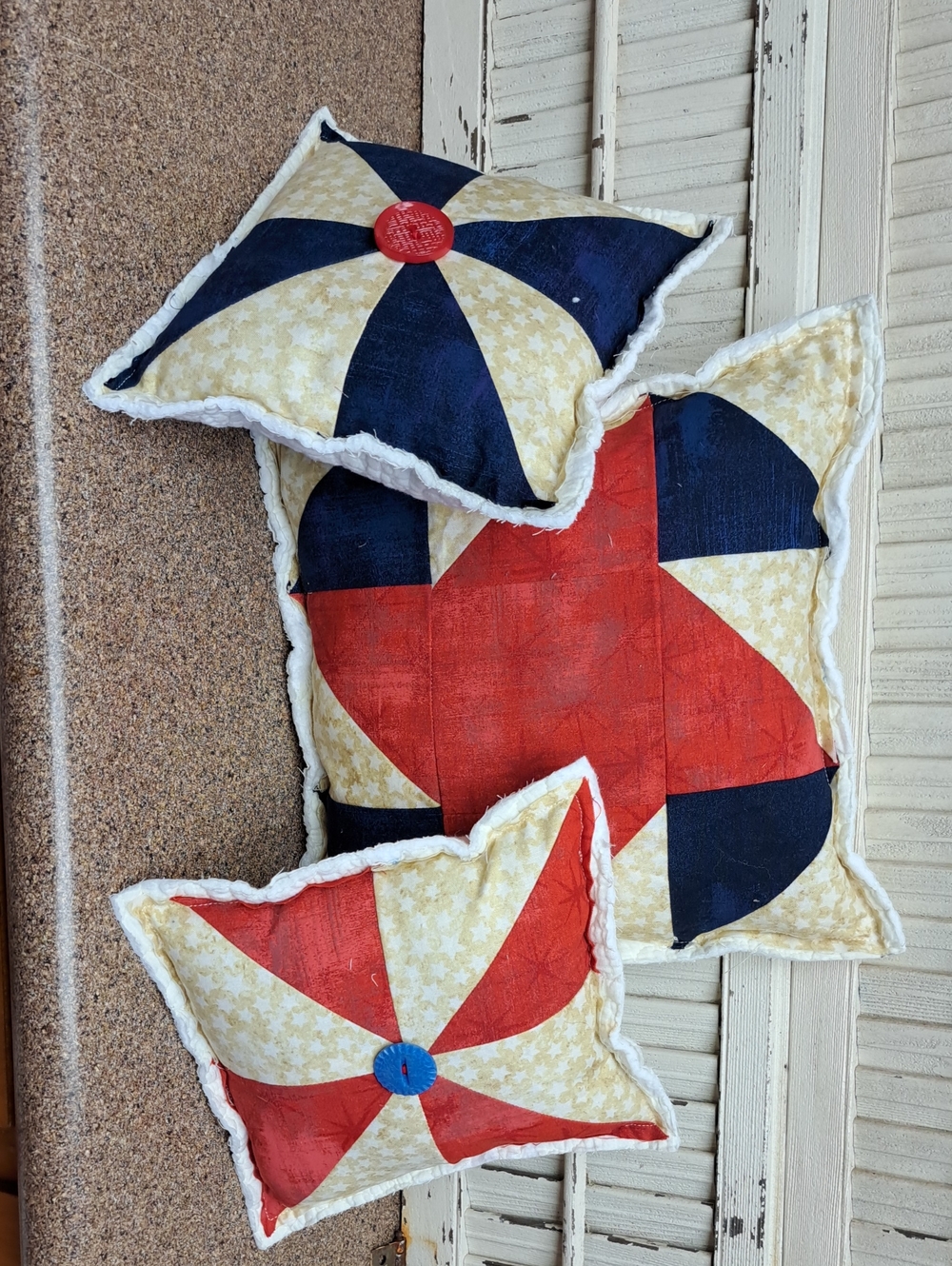 Handmade Star & Pinwheel Quilted Throw Pillow Set in Red, Navy & Cream